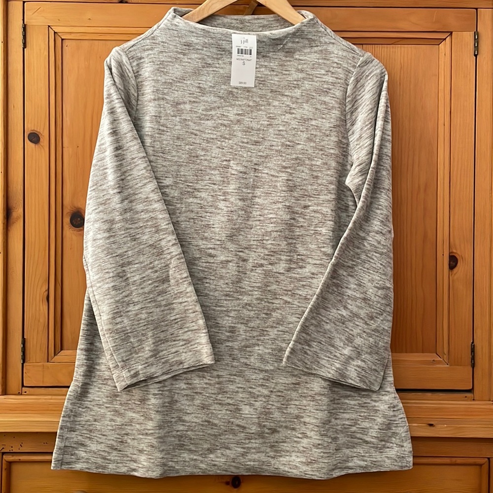 NWT J. Jill Bell-Sleeve Velour Tunic, a-line, creamy white/brown, funnel neck, S - Picture 1 of 11
